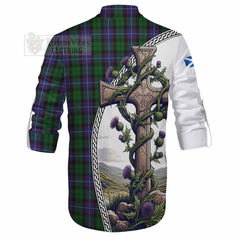 Tartan Vibes Clothing Galbraith Tartan Ghillie Kilt Shirt with Family Crest and St. Andrew's Cross Accented by Thistle Vines