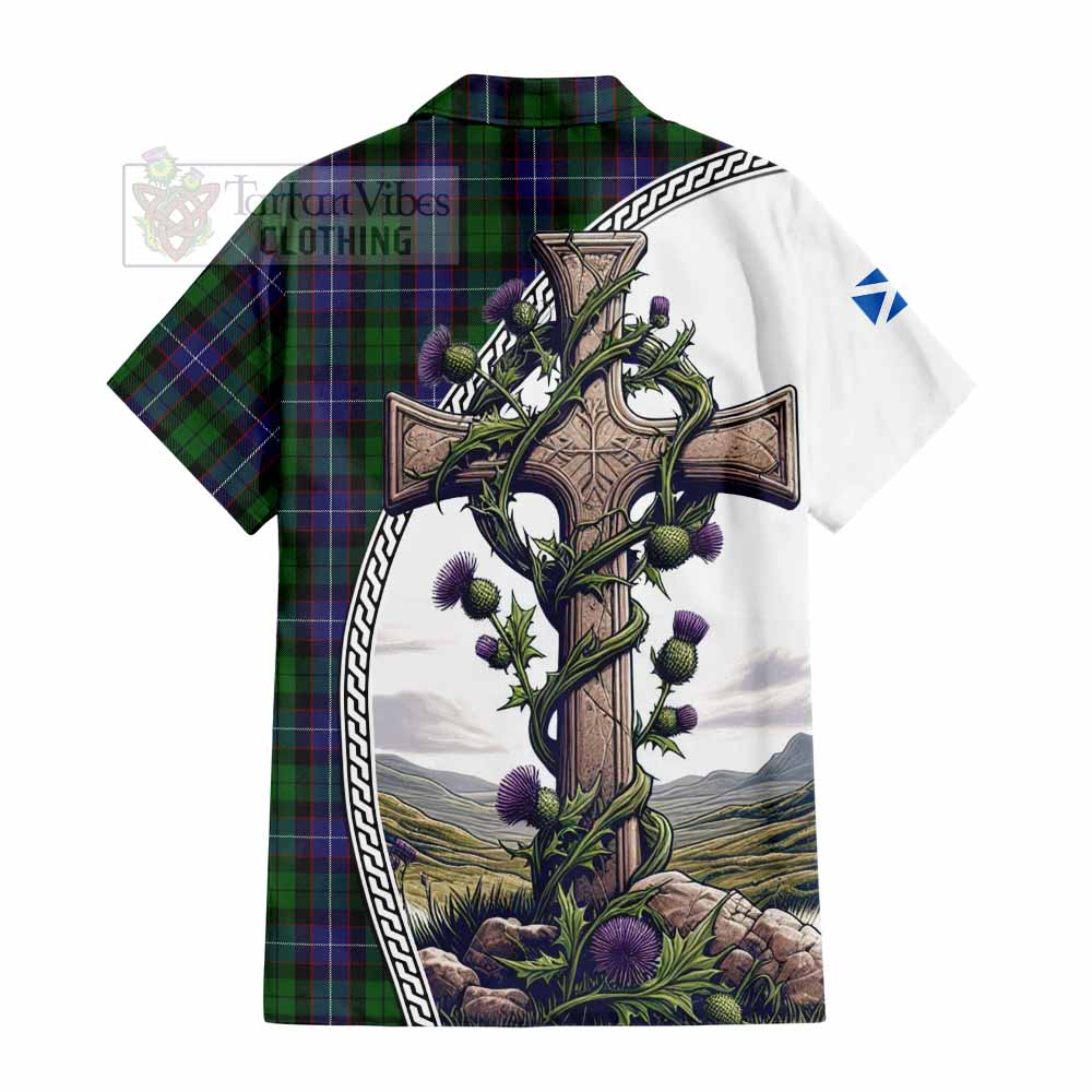 Tartan Vibes Clothing Galbraith Tartan Short Sleeve Button Shirt with Family Crest and St. Andrew's Cross Accented by Thistle Vines