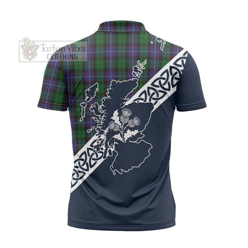 Galbraith Tartan Zipper Polo Shirt Featuring Thistle and Scotland Map