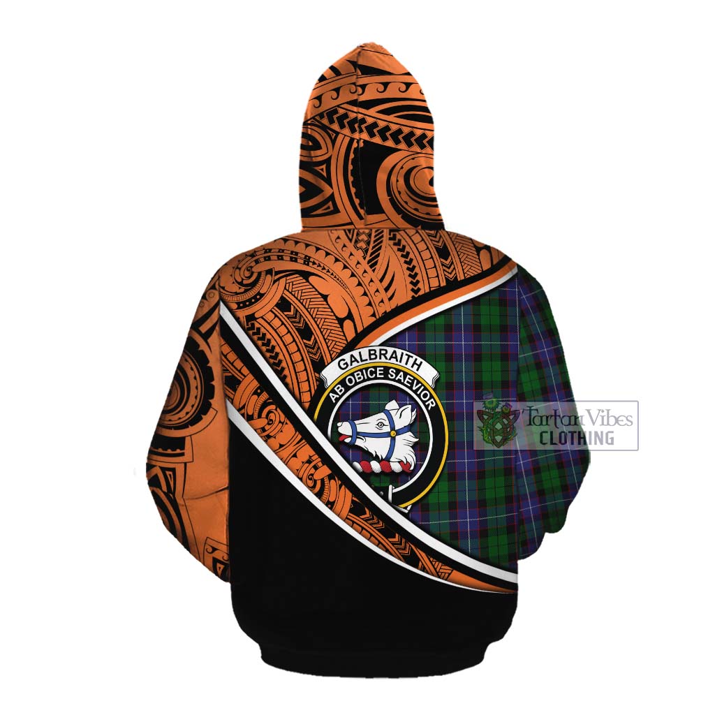 Tartan Vibes Clothing Galbraith Crest Tartan Cotton Hoodie with Maori Tattoo Style - Orange Version