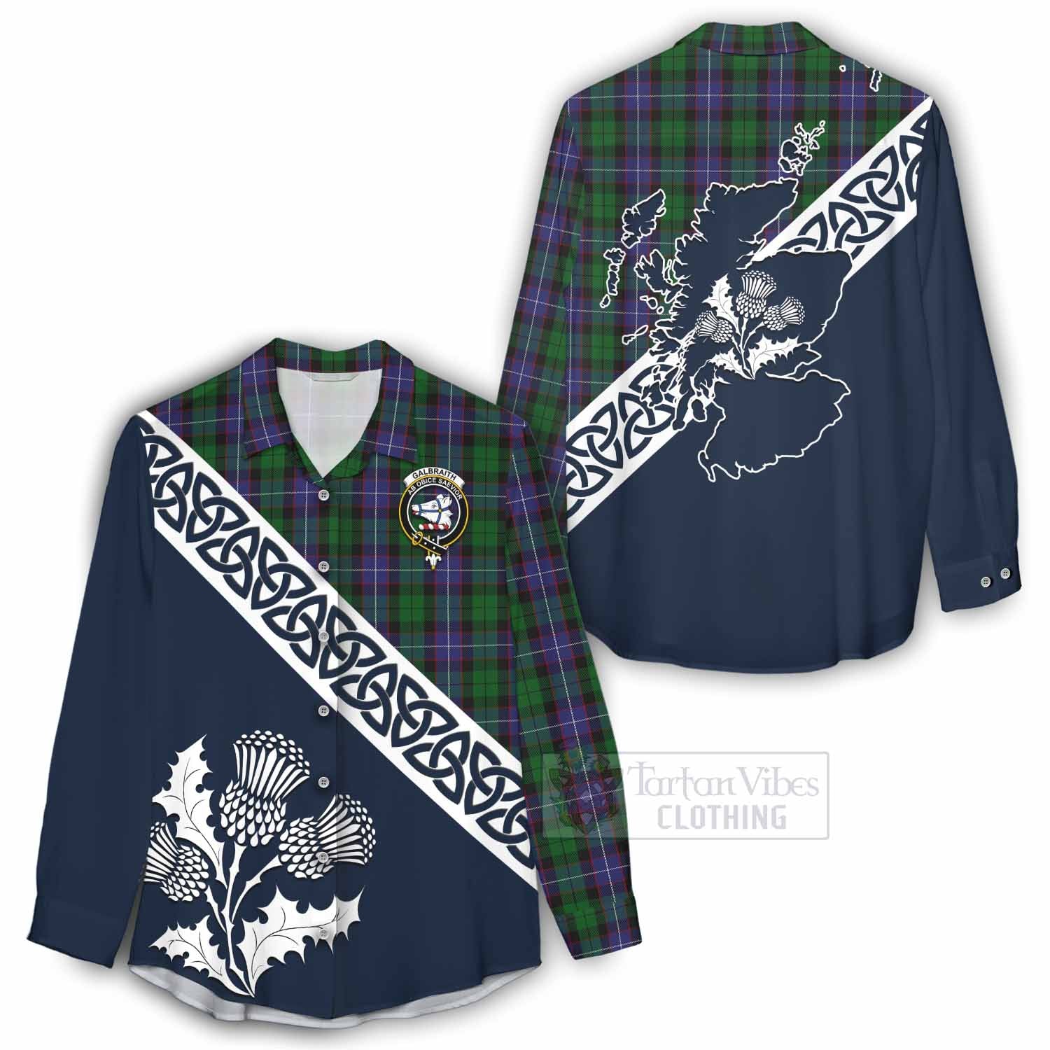 Tartan Vibes Clothing Galbraith Tartan Women's Casual Shirt Featuring Thistle and Scotland Map