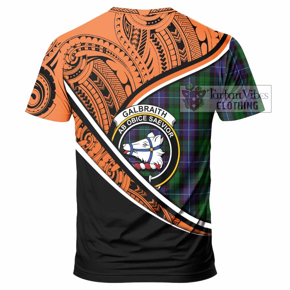 Tartan Vibes Clothing Galbraith Crest Tartan T-Shirt with Maori Tattoo Style - Orange Version