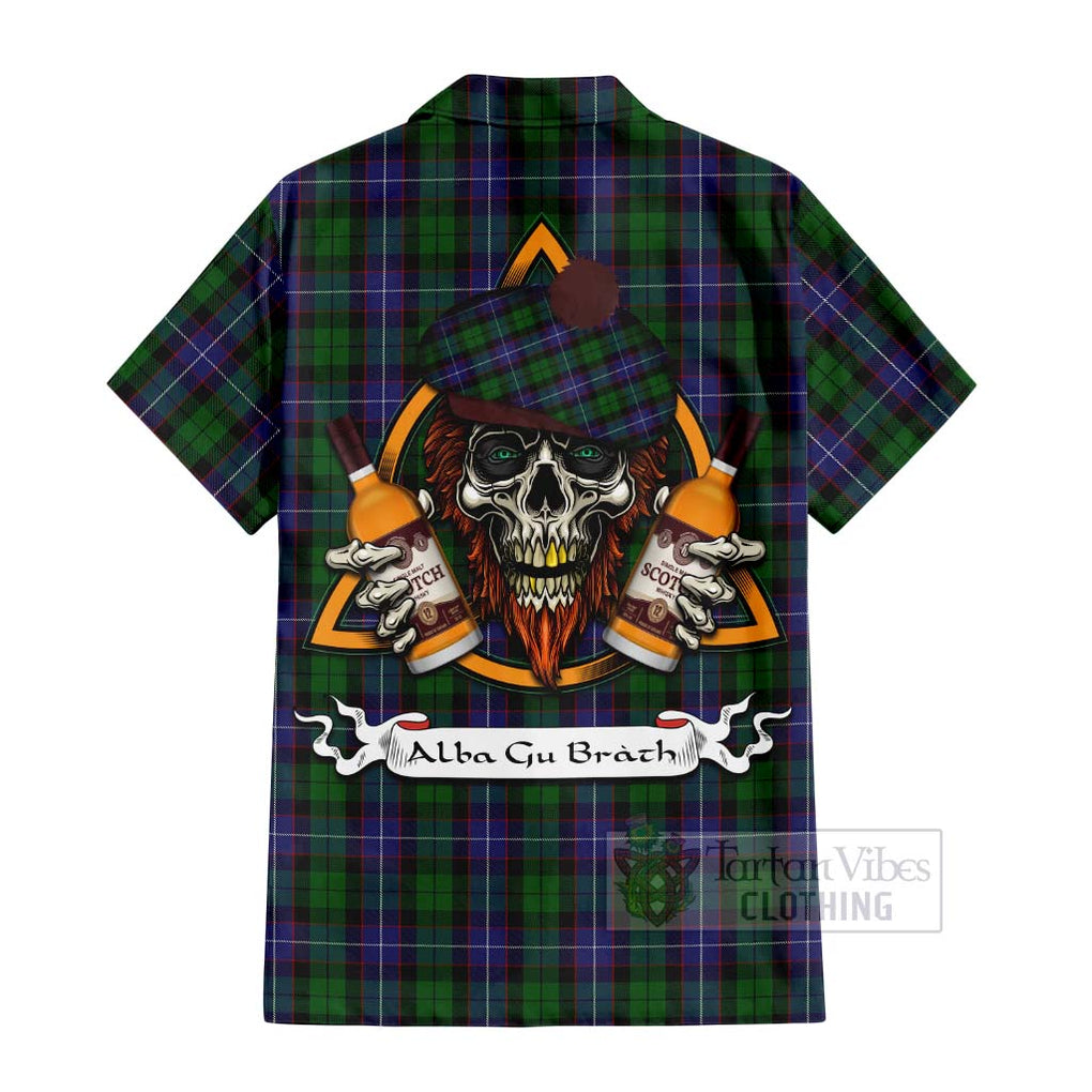 Tartan Vibes Clothing Galbraith Tartan Short Sleeve Button Shirt with Family Crest and Bearded Skull Holding Bottles of Whiskey