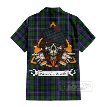 Galbraith Tartan Short Sleeve Button Shirt with Family Crest and Bearded Skull Holding Bottles of Whiskey