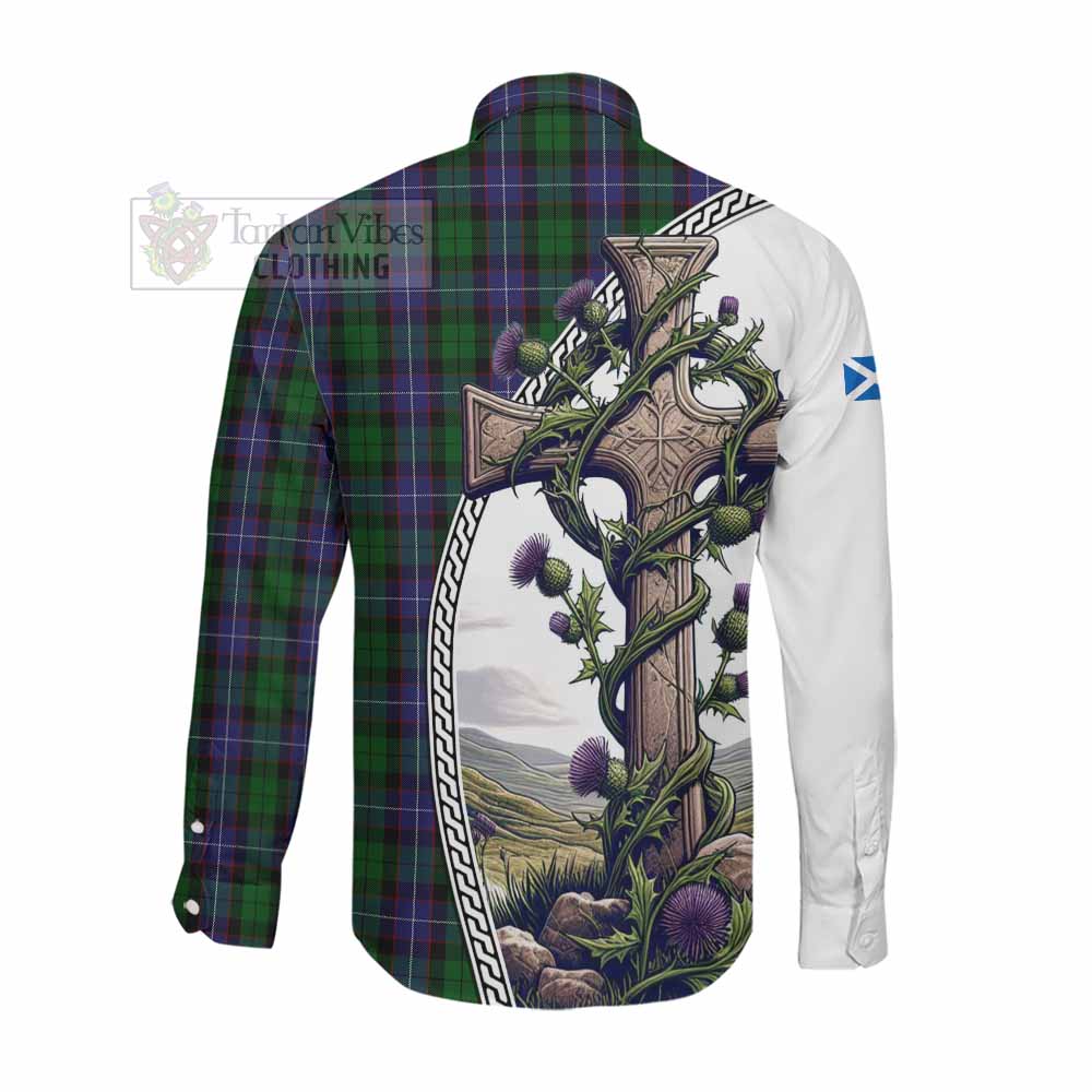 Tartan Vibes Clothing Galbraith Tartan Long Sleeve Button Shirt with Family Crest and St. Andrew's Cross Accented by Thistle Vines