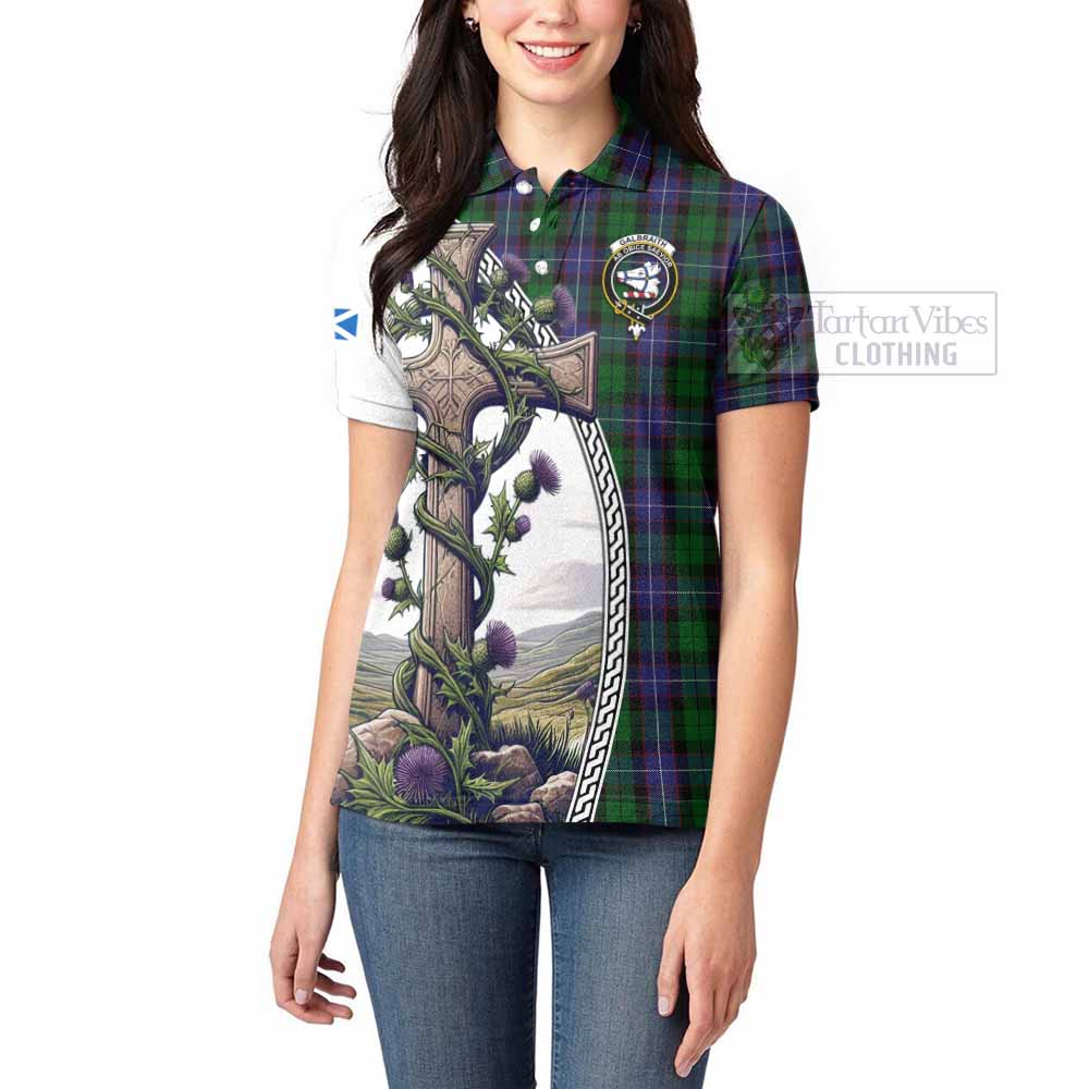 Tartan Vibes Clothing Galbraith Tartan Women's Polo Shirt with Family Crest and St. Andrew's Cross Accented by Thistle Vines