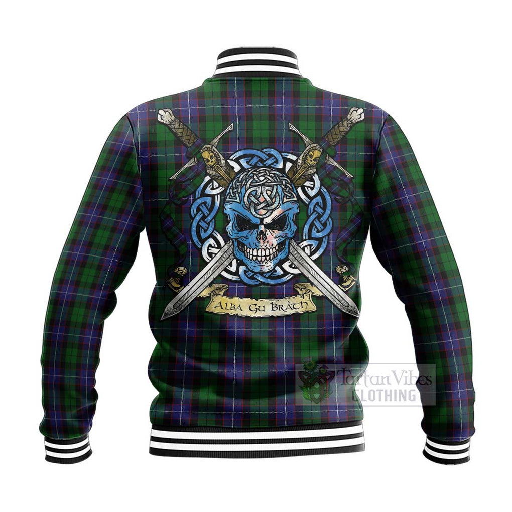 Tartan Vibes Clothing Galbraith Tartan Baseball Jacket with Family Crest Celtic Skull Style