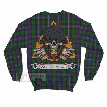 Galbraith Tartan Sweatshirt with Family Crest and Bearded Skull Holding Bottles of Whiskey