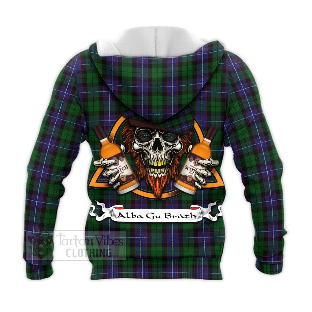 Tartan Vibes Clothing Galbraith Tartan Knitted Hoodie with Family Crest and Bearded Skull Holding Bottles of Whiskey