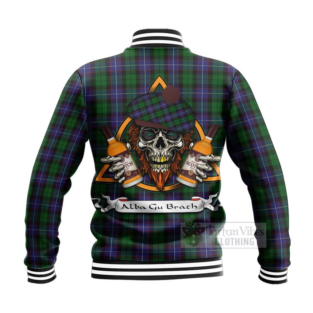 Tartan Vibes Clothing Galbraith Tartan Baseball Jacket with Family Crest and Bearded Skull Holding Bottles of Whiskey