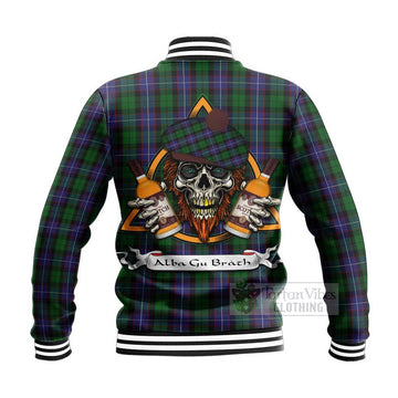 Galbraith Tartan Baseball Jacket with Family Crest and Bearded Skull Holding Bottles of Whiskey