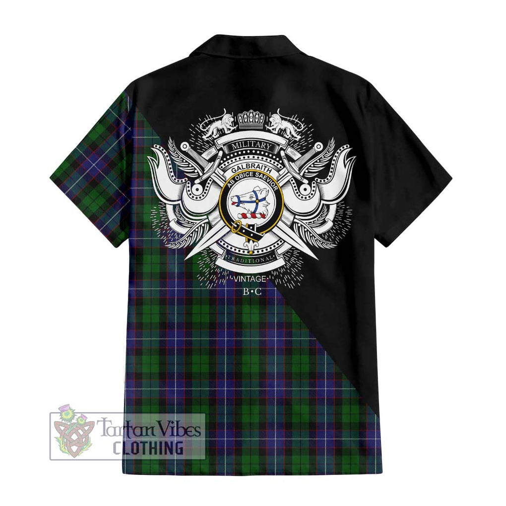 Galbraith Tartan Short Sleeve Button Shirt with Family Crest and Military Logo Style - Tartanvibesclothing Shop