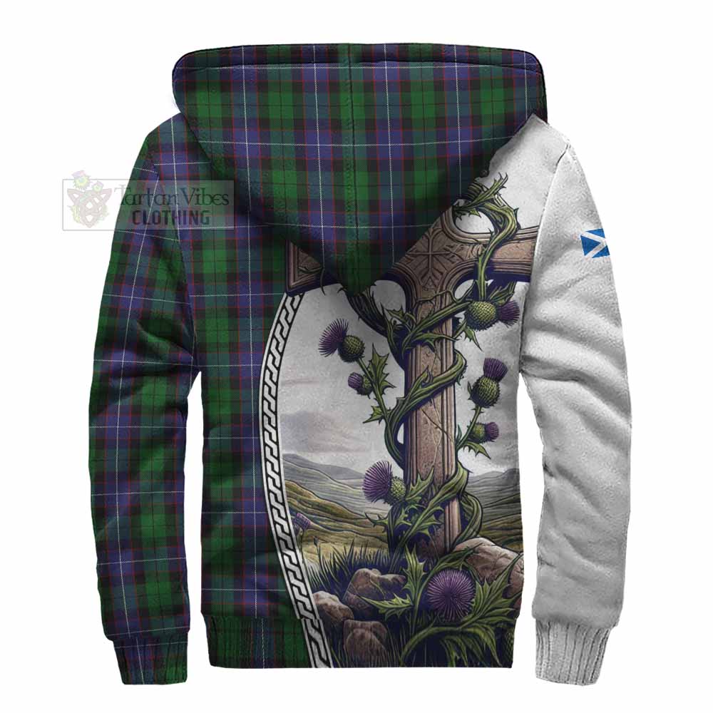 Tartan Vibes Clothing Galbraith Tartan Sherpa Hoodie with Family Crest and St. Andrew's Cross Accented by Thistle Vines