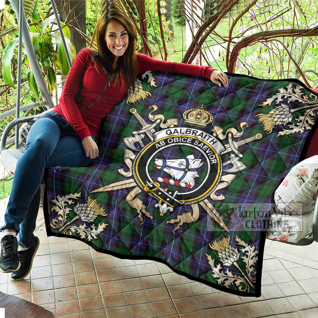 Tartan Vibes Clothing Galbraith Tartan Quilt with Family Crest and Scottish Golden Courage Shield