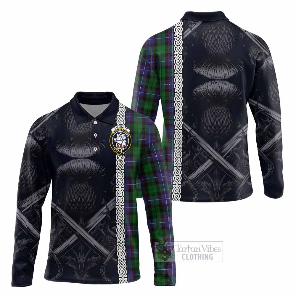 Tartan Vibes Clothing Galbraith Tartan Long Sleeve Polo Shirt with Family Crest Cross Sword Thistle Celtic Vibes