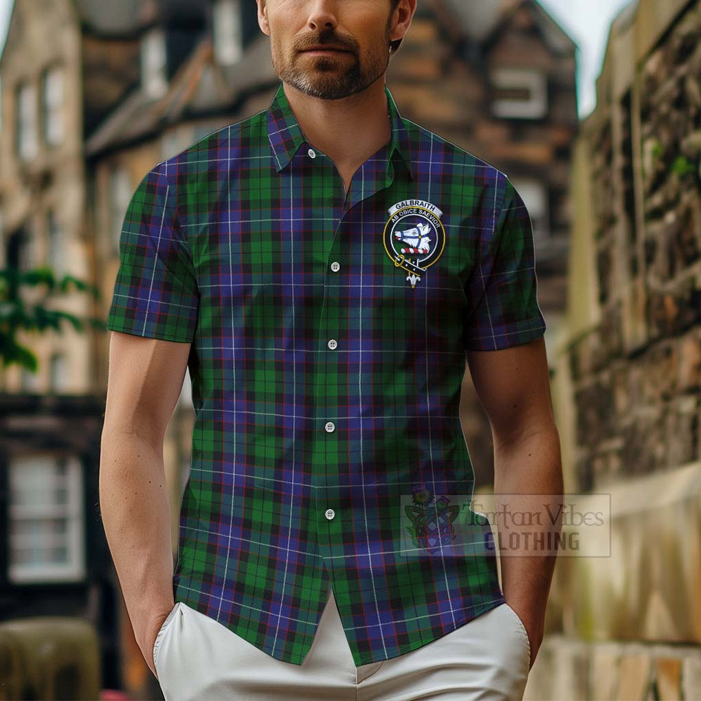 Tartan Vibes Clothing Galbraith Tartan Short Sleeve Button Shirt with Family Crest and Bearded Skull Holding Bottles of Whiskey