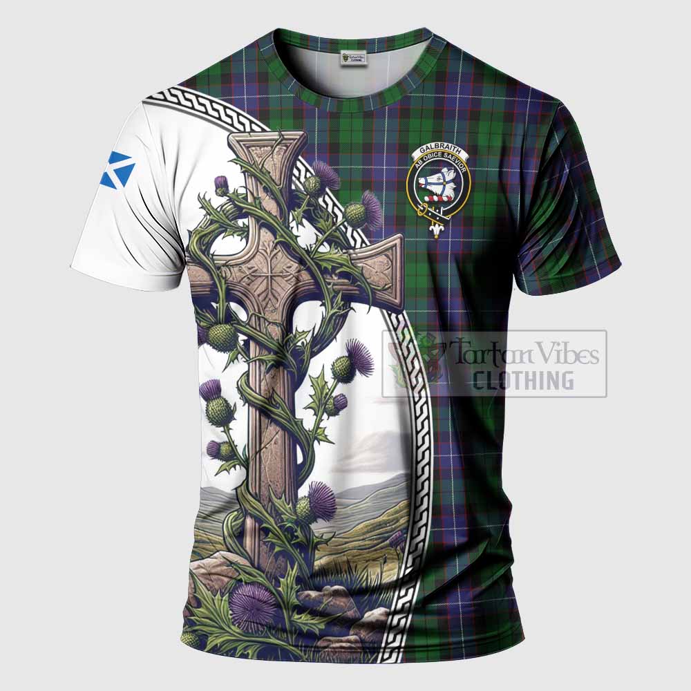 Tartan Vibes Clothing Galbraith Agnew Tartan T-Shirt with Family Crest and St. Andrew's Cross Accented by Thistle Vines