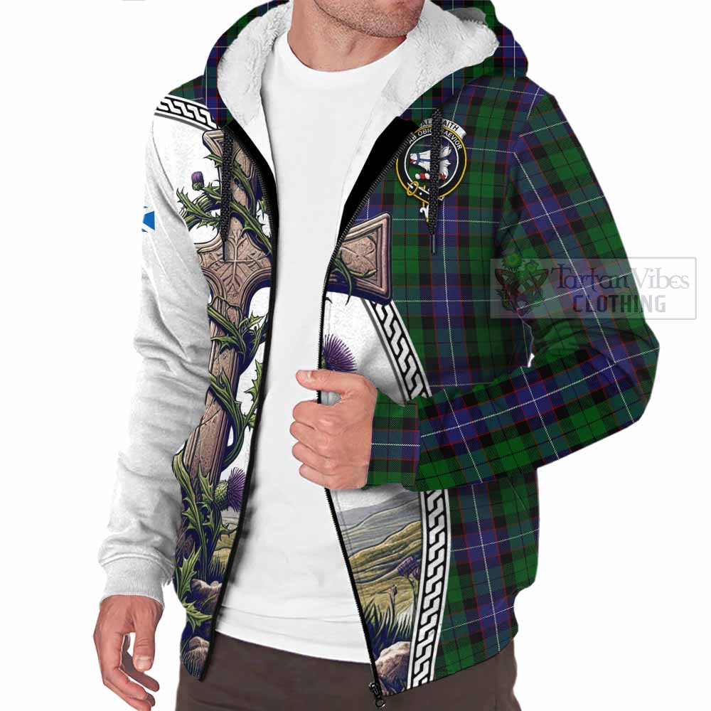 Tartan Vibes Clothing Galbraith Tartan Sherpa Hoodie with Family Crest and St. Andrew's Cross Accented by Thistle Vines