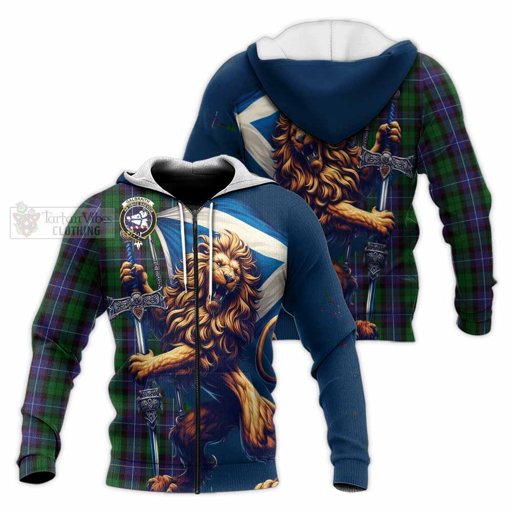 Tartan Vibes Clothing Galbraith Tartan Family Crest Knitted Hoodie with Scottish Majestic Lion