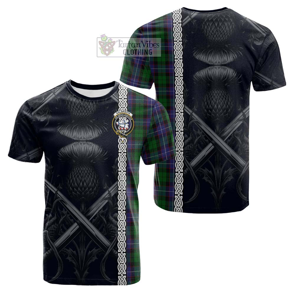 Tartan Vibes Clothing Galbraith Tartan Cotton T-shirt with Family Crest Cross Sword Thistle Celtic Vibes