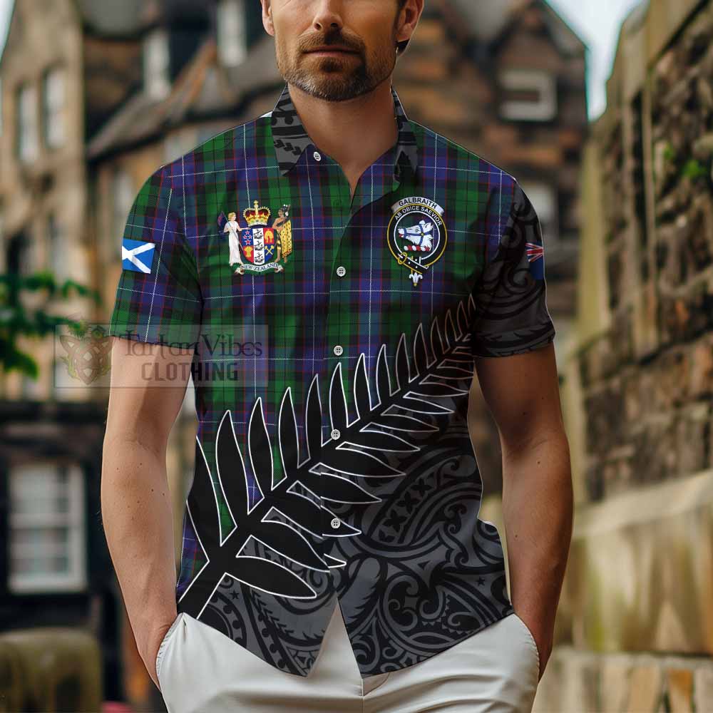 Tartan Vibes Clothing Galbraith Crest Tartan Short Sleeve Button Shirt with New Zealand Silver Fern Half Style