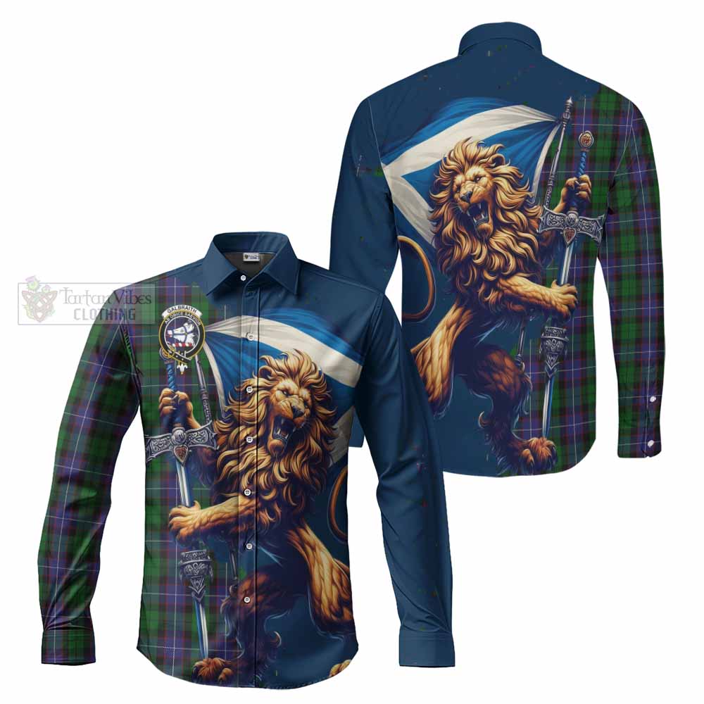 Tartan Vibes Clothing Galbraith Tartan Family Crest Long Sleeve Button Shirt with Scottish Majestic Lion