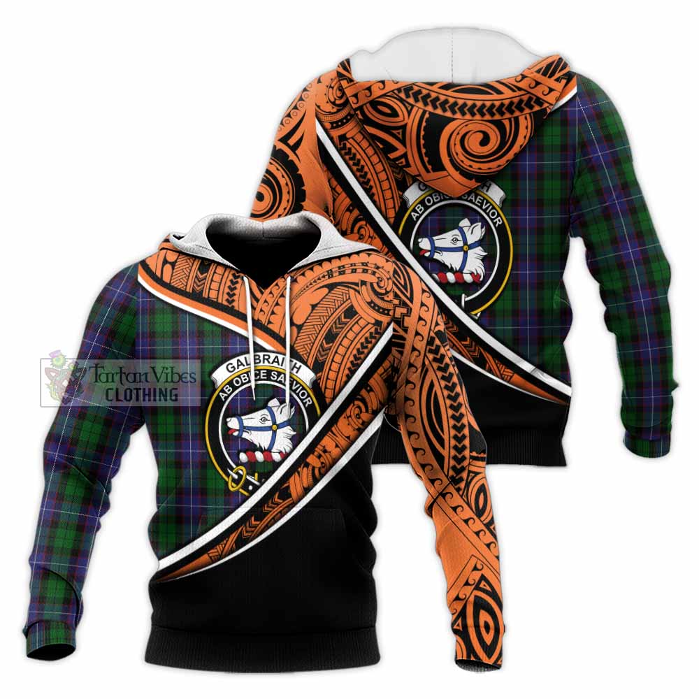 Tartan Vibes Clothing Galbraith Crest Tartan Knitted Hoodie with Maori Tattoo Style - Orange Version