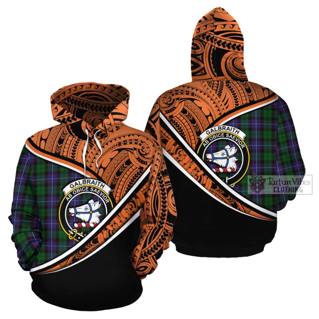 Tartan Vibes Clothing Galbraith Crest Tartan Cotton Hoodie with Maori Tattoo Style - Orange Version