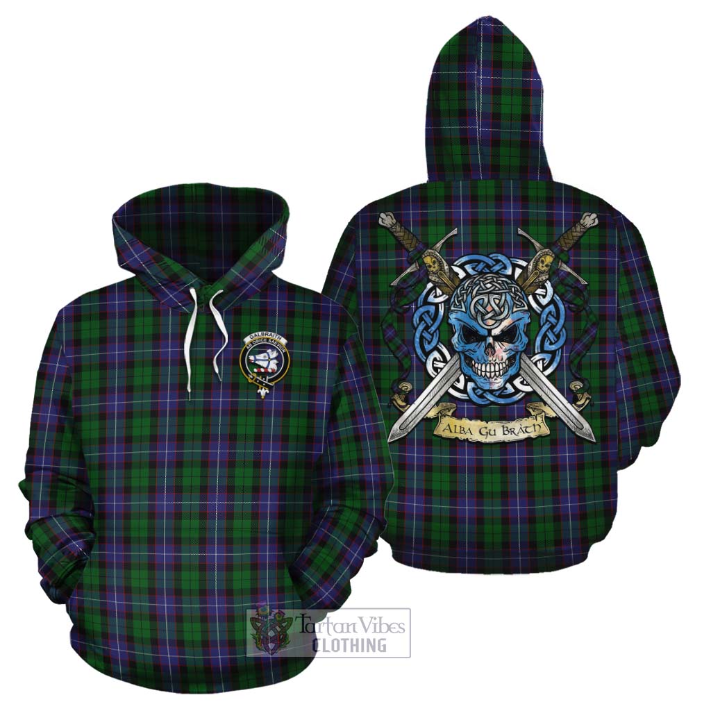 Tartan Vibes Clothing Galbraith Tartan Cotton Hoodie with Family Crest Celtic Skull Style