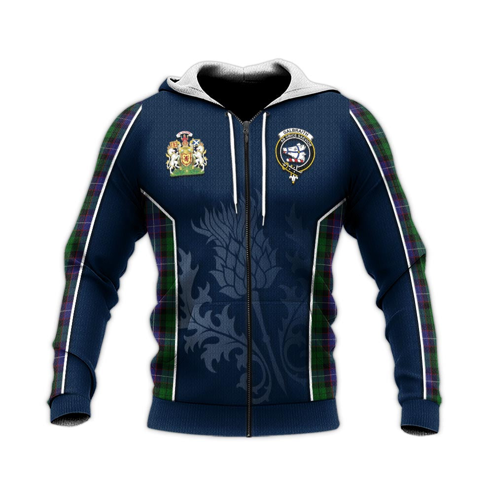 Tartan Vibes Clothing Galbraith Tartan Knitted Hoodie with Family Crest and Scottish Thistle Vibes Sport Style