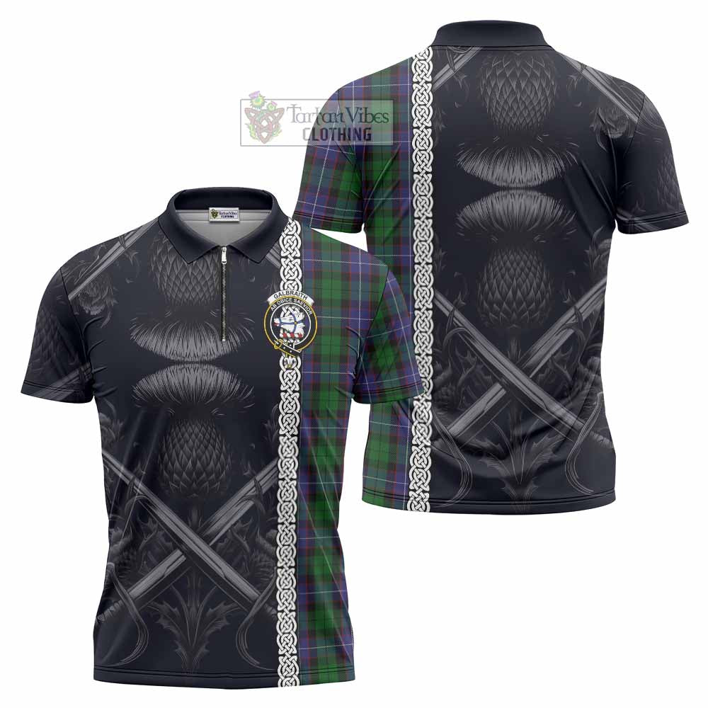 Tartan Vibes Clothing Galbraith Tartan Zipper Polo Shirt with Family Crest Cross Sword Thistle Celtic Vibes