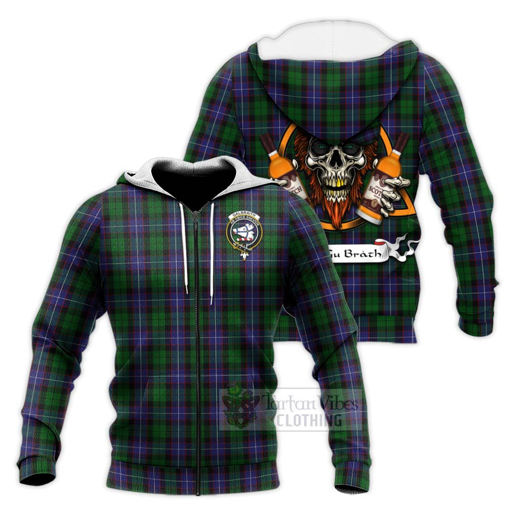 Tartan Vibes Clothing Galbraith Tartan Knitted Hoodie with Family Crest and Bearded Skull Holding Bottles of Whiskey