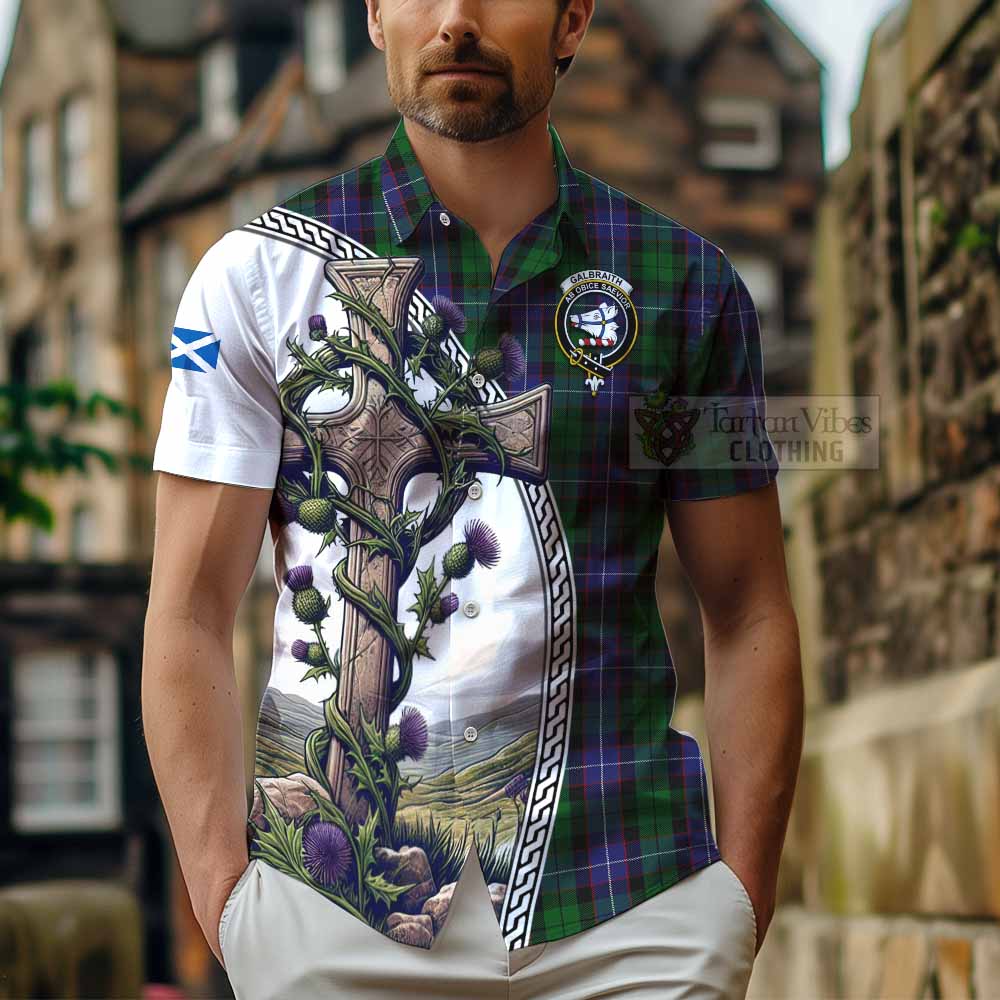 Tartan Vibes Clothing Galbraith Tartan Short Sleeve Button Shirt with Family Crest and St. Andrew's Cross Accented by Thistle Vines