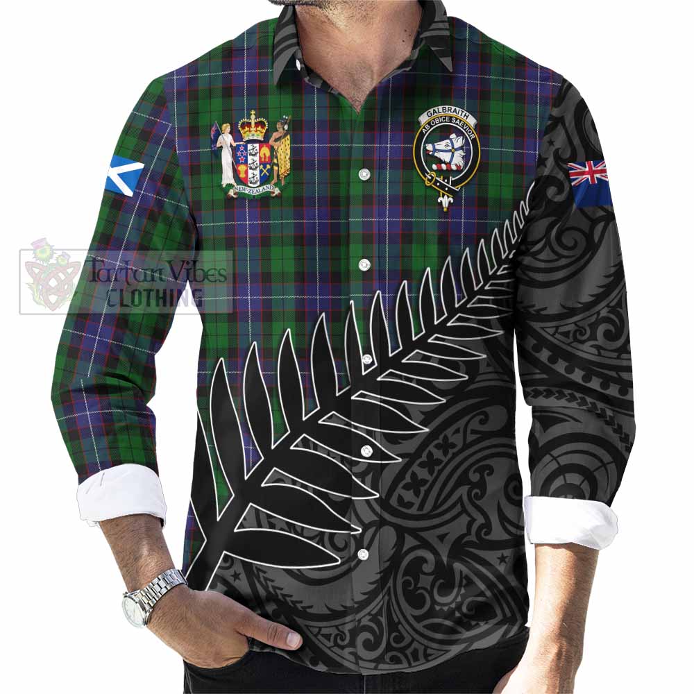 Tartan Vibes Clothing Galbraith Crest Tartan Long Sleeve Button Shirt with New Zealand Silver Fern Half Style