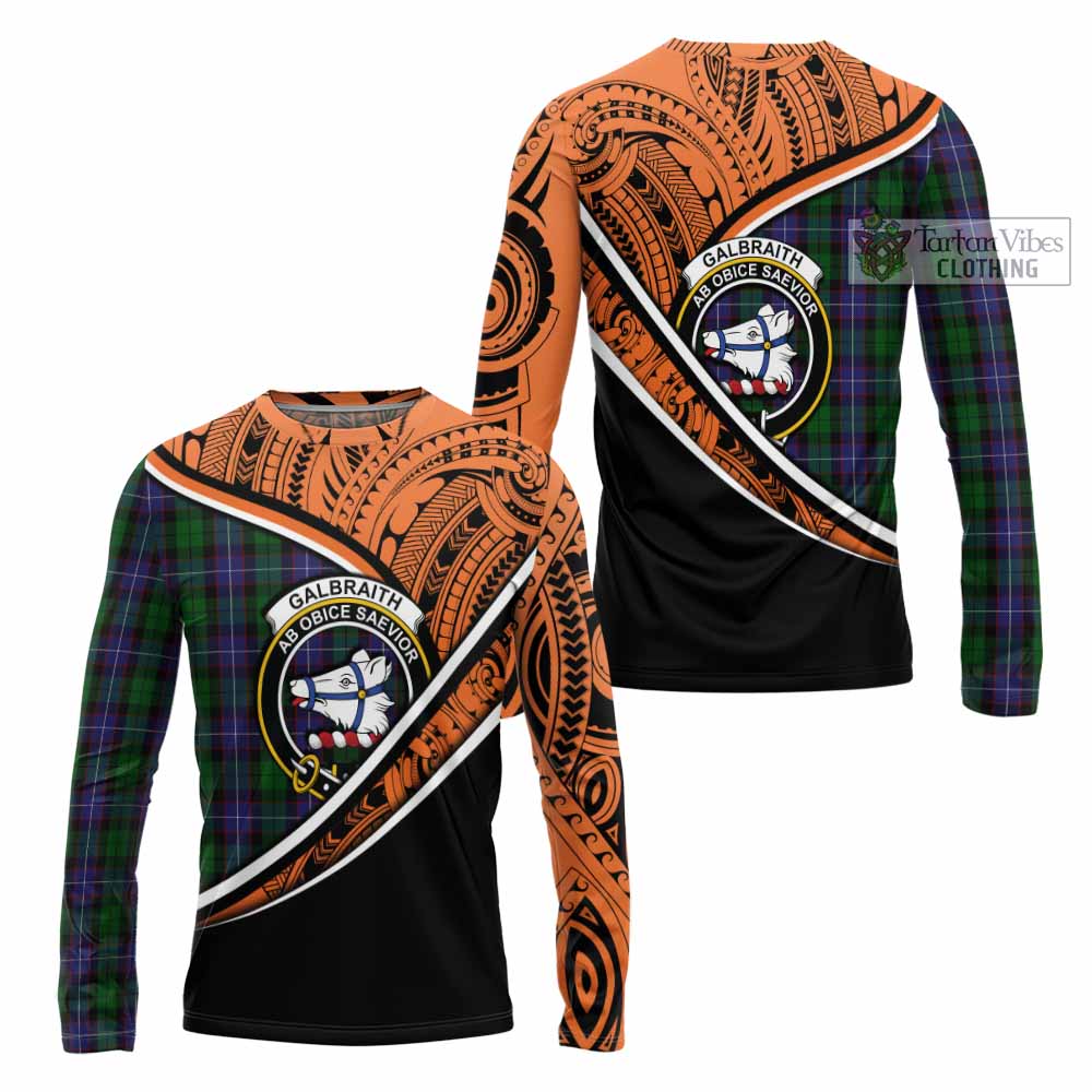 Tartan Vibes Clothing Galbraith Crest Tartan Long Sleeve T-Shirt with Maori Tattoo Style - Orange Version