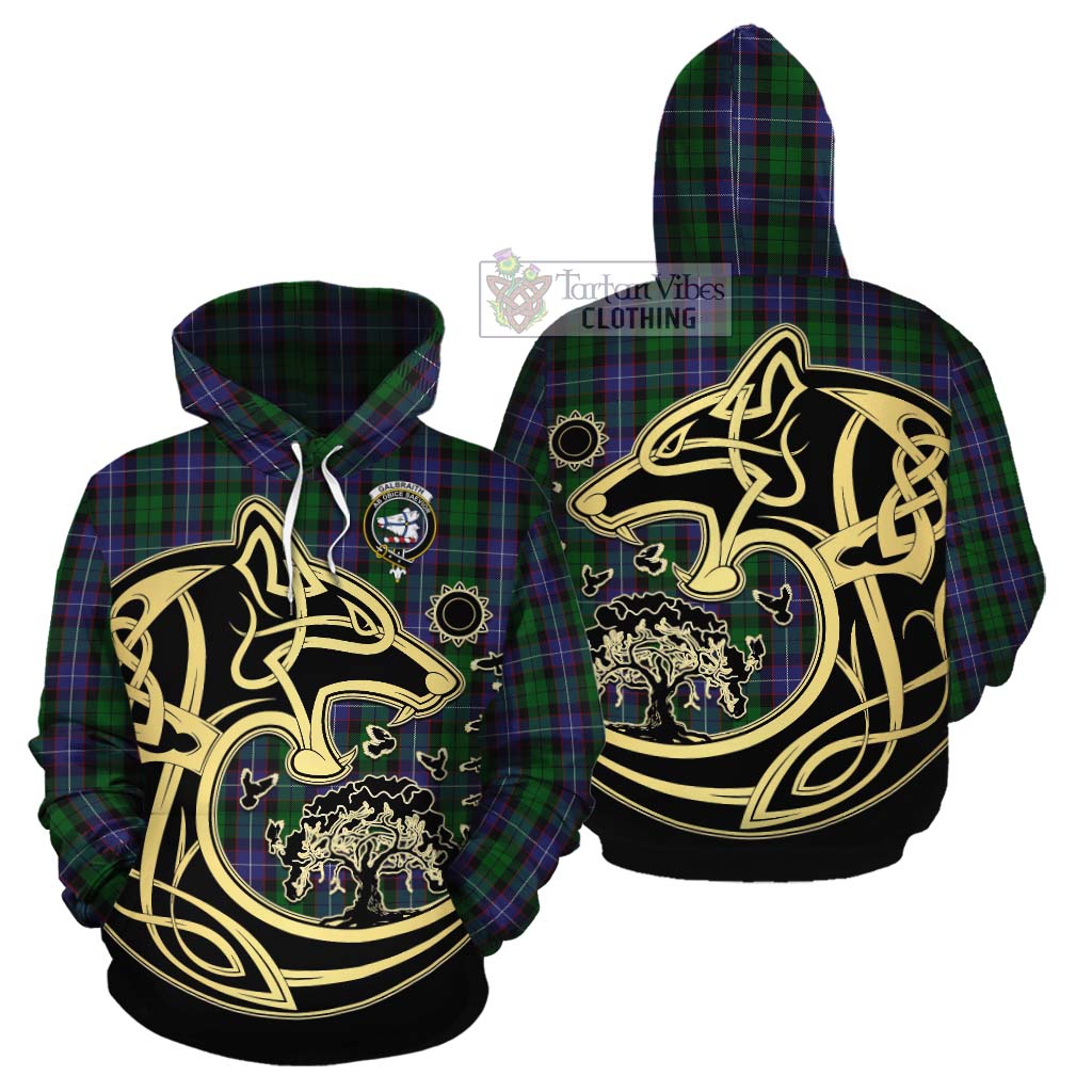 Tartan Vibes Clothing Galbraith Tartan Cotton Hoodie with Family Crest Celtic Wolf Style