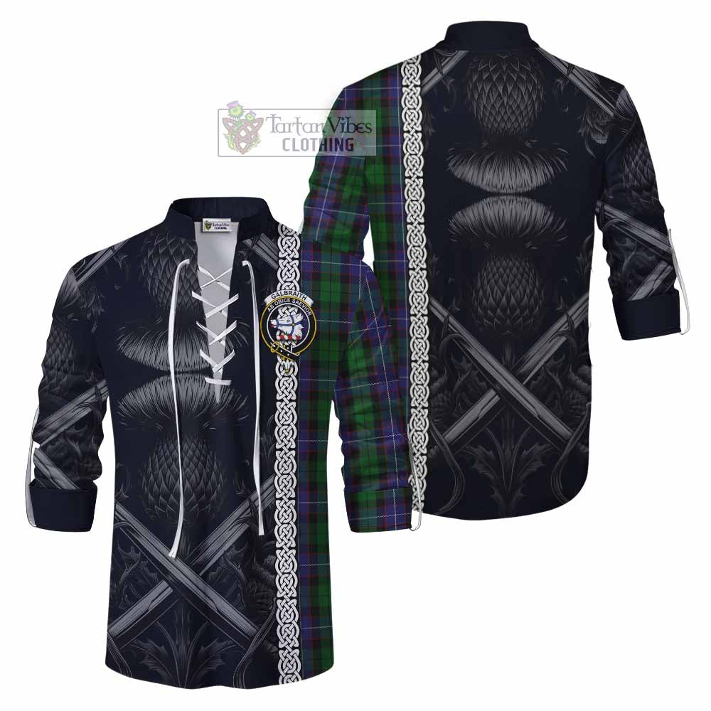 Tartan Vibes Clothing Galbraith Tartan Ghillie Kilt Shirt with Family Crest Cross Sword Thistle Celtic Vibes