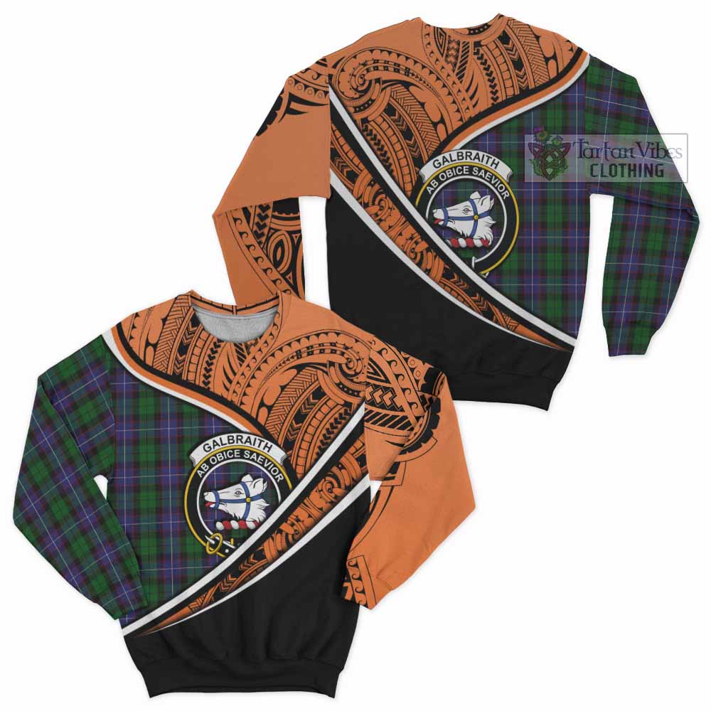 Tartan Vibes Clothing Galbraith Crest Tartan Sweatshirt with Maori Tattoo Style - Orange Version