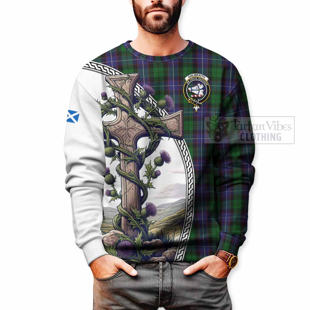 Tartan Vibes Clothing Galbraith Tartan Sweatshirt with Family Crest and St. Andrew's Cross Accented by Thistle Vines