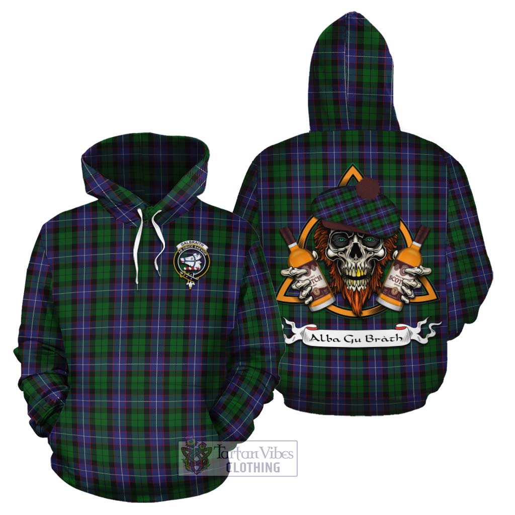 Tartan Vibes Clothing Galbraith Tartan Cotton Hoodie with Family Crest and Bearded Skull Holding Bottles of Whiskey