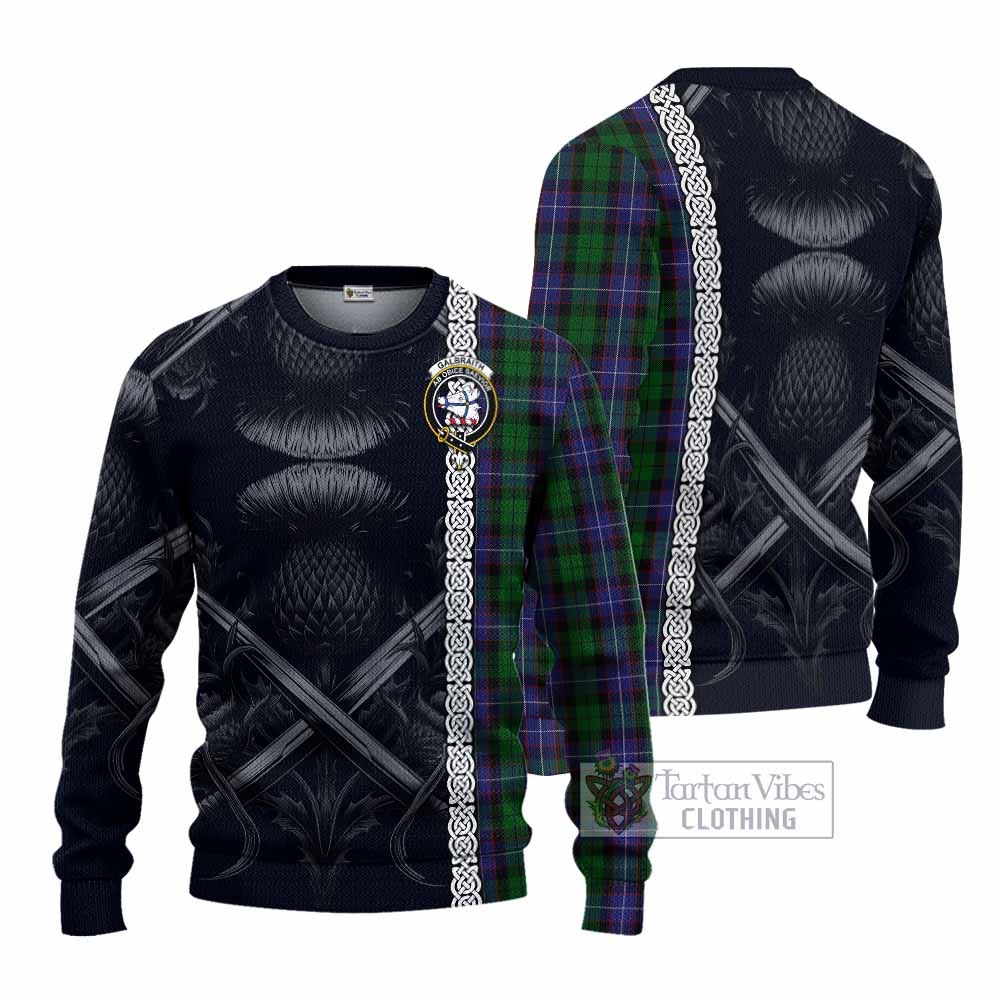 Tartan Vibes Clothing Galbraith Tartan Knitted Sweater with Family Crest Cross Sword Thistle Celtic Vibes