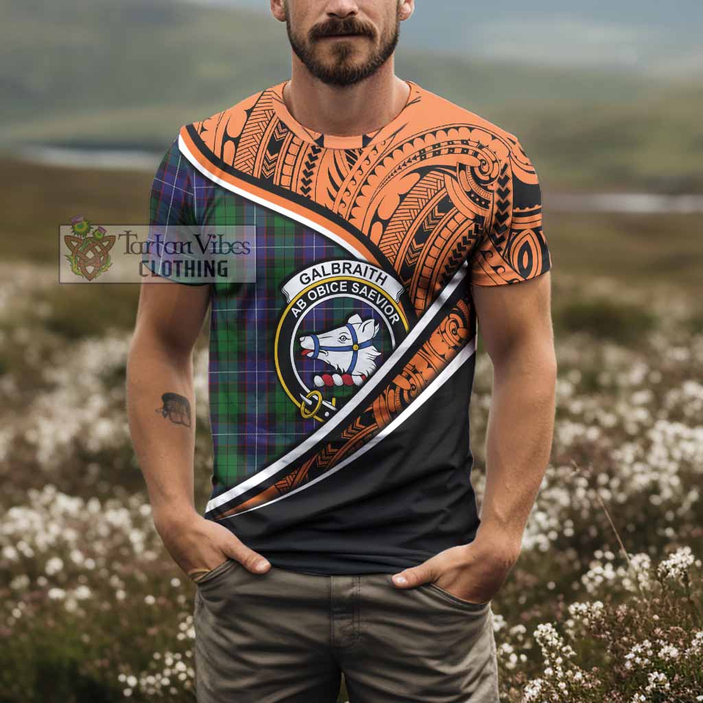 Tartan Vibes Clothing Galbraith Crest Tartan T-Shirt with Maori Tattoo Style - Orange Version