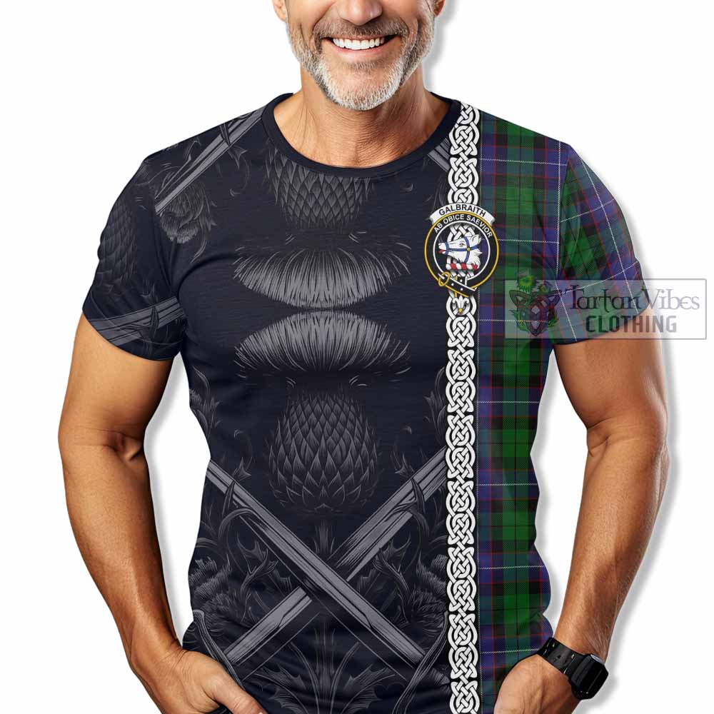 Tartan Vibes Clothing Galbraith Tartan T-Shirt with Family Crest Cross Sword Thistle Celtic Vibes