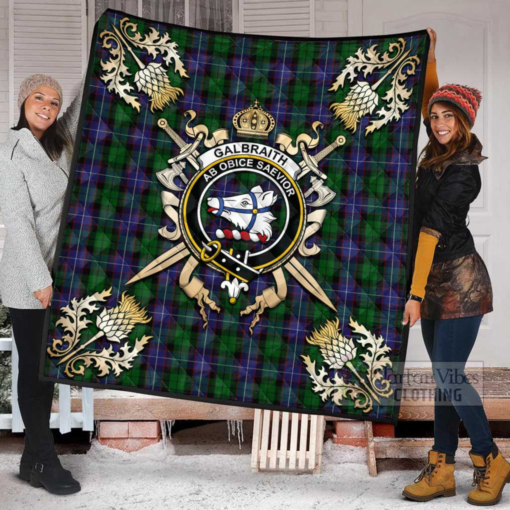 Tartan Vibes Clothing Galbraith Tartan Quilt with Family Crest and Scottish Golden Courage Shield