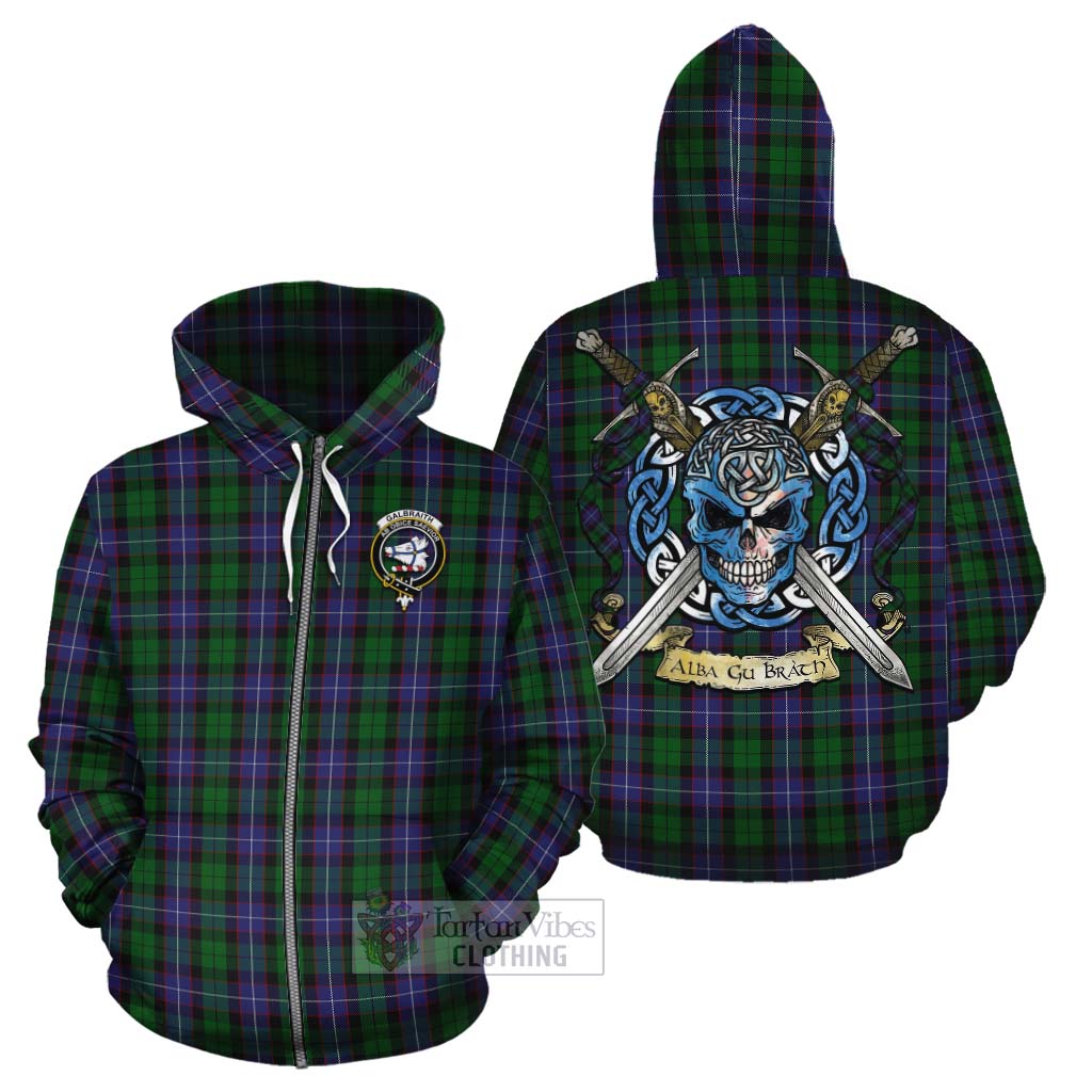 Tartan Vibes Clothing Galbraith Tartan Cotton Hoodie with Family Crest Celtic Skull Style