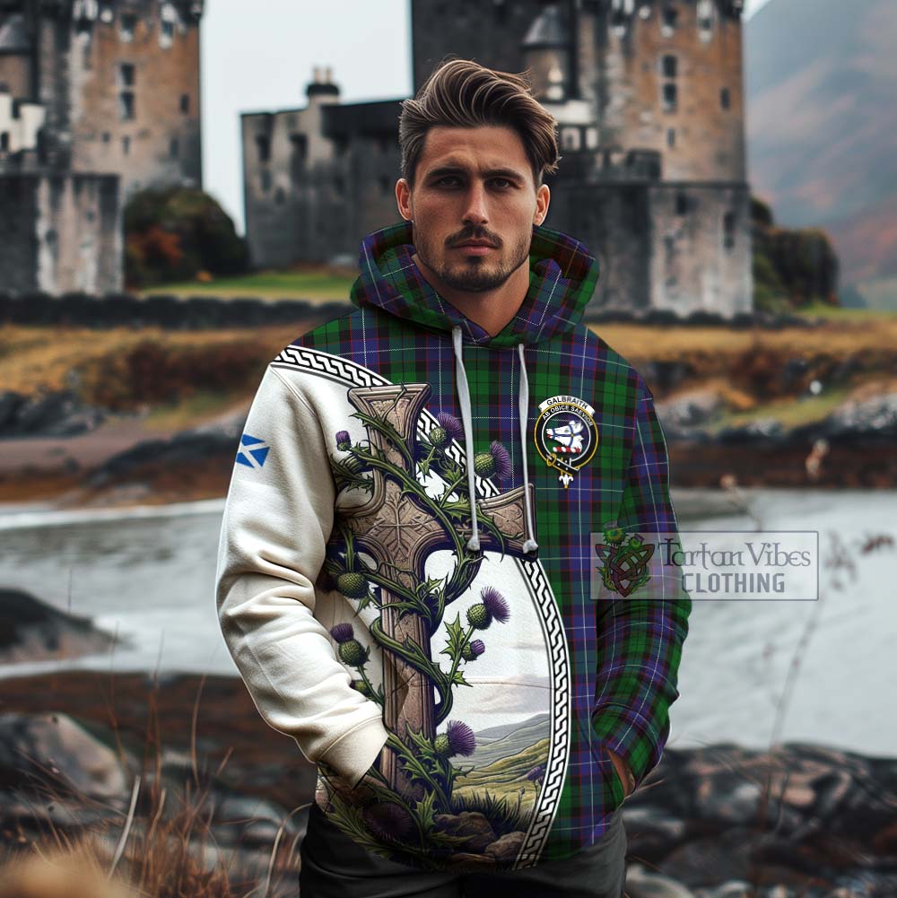 Tartan Vibes Clothing Galbraith Tartan Cotton Hoodie with Family Crest and St. Andrew's Cross Accented by Thistle Vines