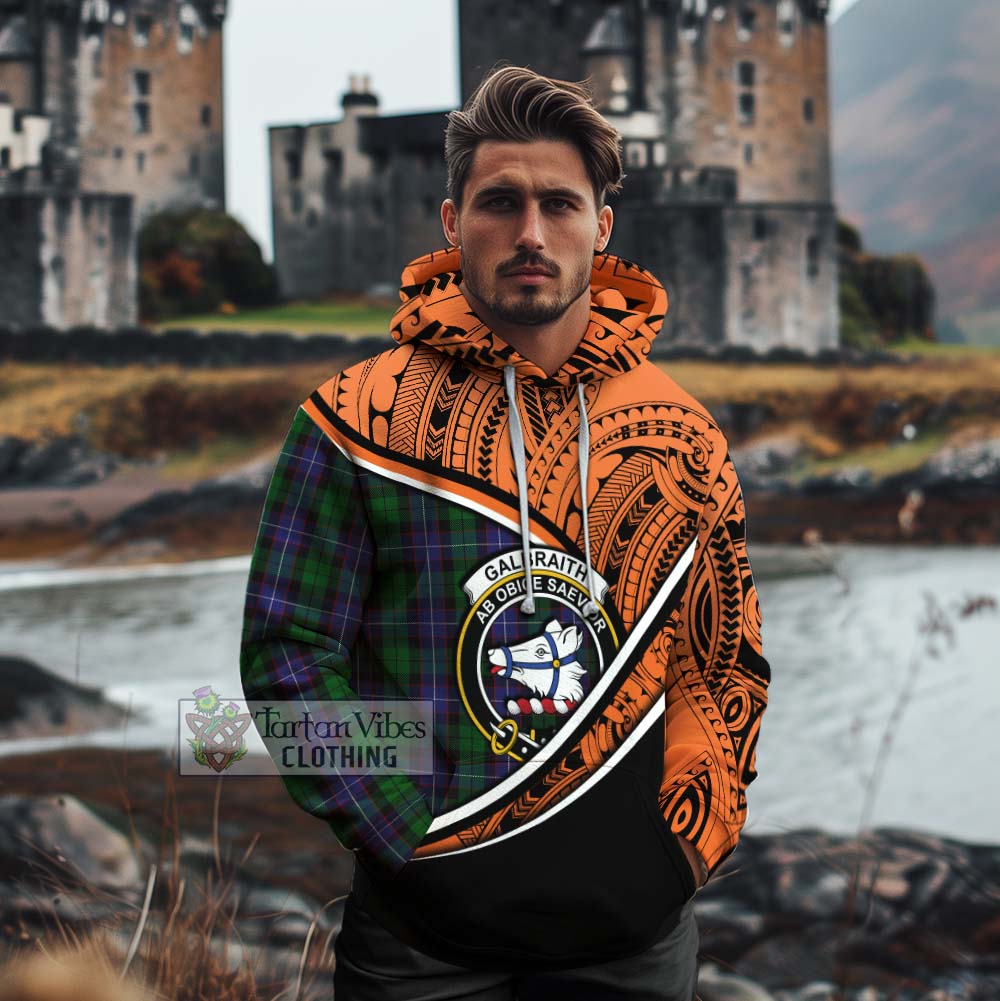 Tartan Vibes Clothing Galbraith Crest Tartan Cotton Hoodie with Maori Tattoo Style - Orange Version