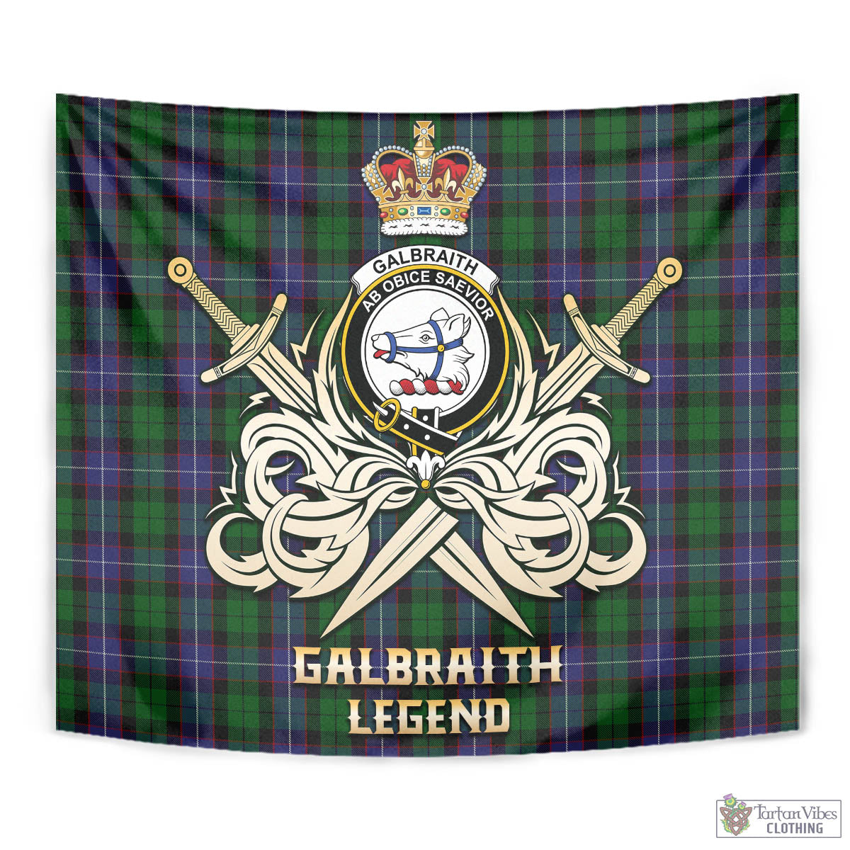 Tartan Vibes Clothing Galbraith Tartan Tapestry with Clan Crest and the Golden Sword of Courageous Legacy