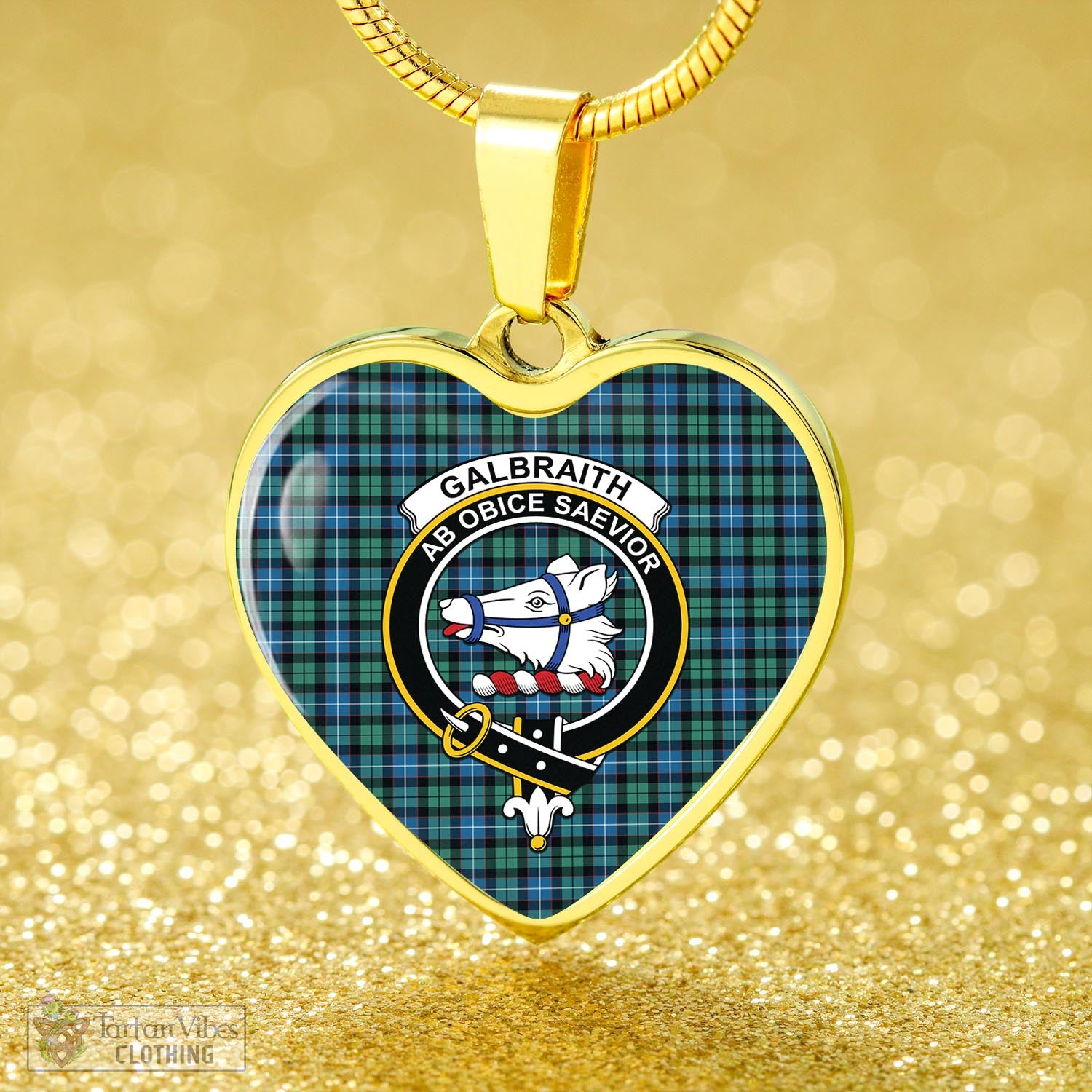 Tartan Vibes Clothing Galbraith Ancient Tartan Heart Necklace with Family Crest