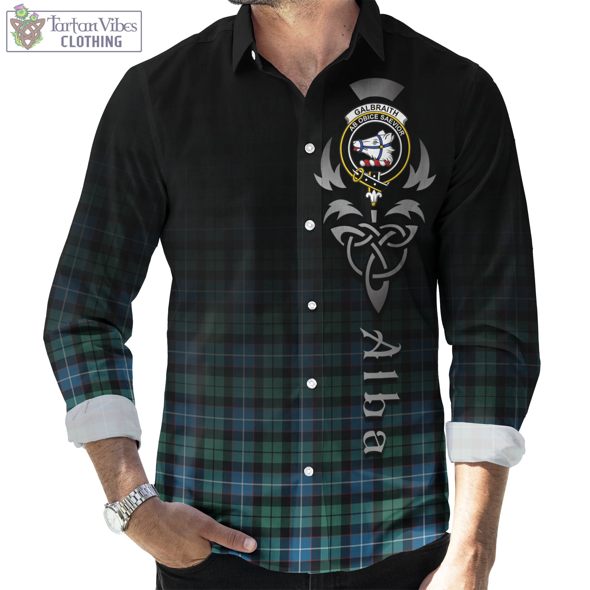 Tartan Vibes Clothing Galbraith Ancient Tartan Long Sleeve Button Up Featuring Alba Gu Brath Family Crest Celtic Inspired